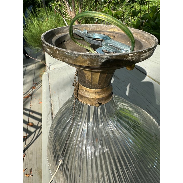 1930s Vintage Cast Brass Flushmount Fixture With Asymmetrical Holophane Shade For Sale - Image 5 of 7