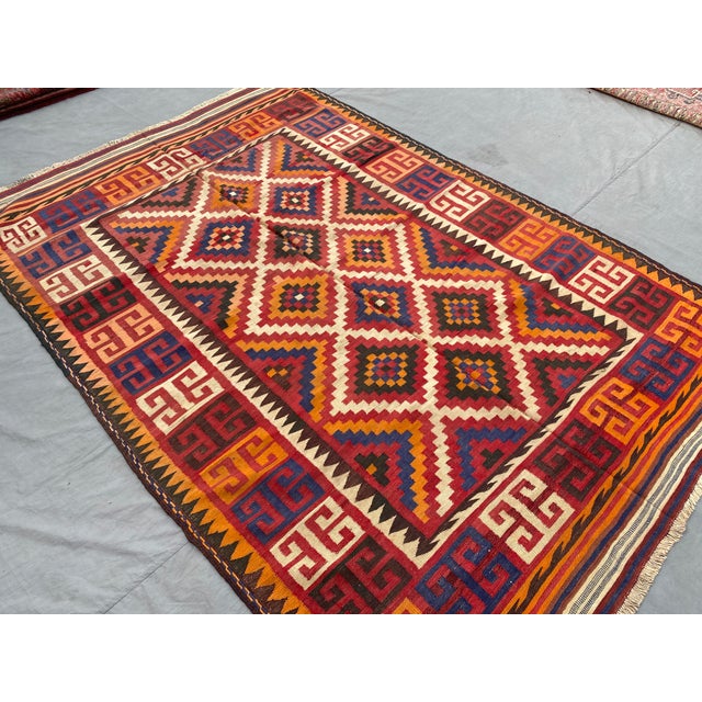 Islamic Afghan Maimana Kilim Area Rug, Handwoven Wool, 6x9, Red & Indigo For Sale - Image 3 of 10