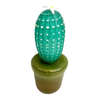 2000s Italian Moss Green Gold Murano Art Glass Cactus Plant With White Flower For Sale