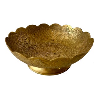 Midcentury Scalloped Etched Brass Peacock Footed Bowl For Sale