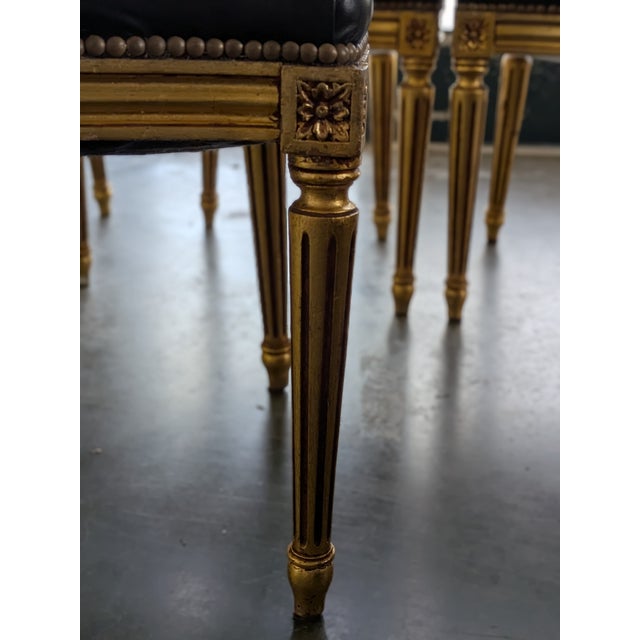 French Set of 6 Antique 19th Century French Louis XVI Giltwood & Black Leather Dining Chairs For Sale - Image 3 of 13