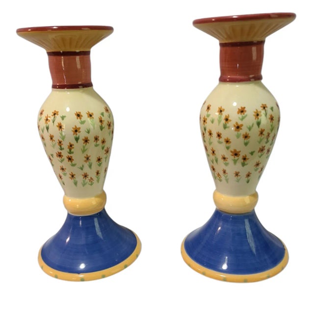 Ceramic Pair of Vintage Pfaltzgraff Pistoulet Hand Painted Floral Colorful Ceramic Pistoulet Candle Sticks For Sale - Image 7 of 7