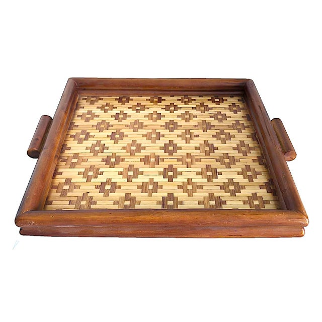 Vintage Square Diamond Weave Bamboo Tray For Sale - Image 9 of 10