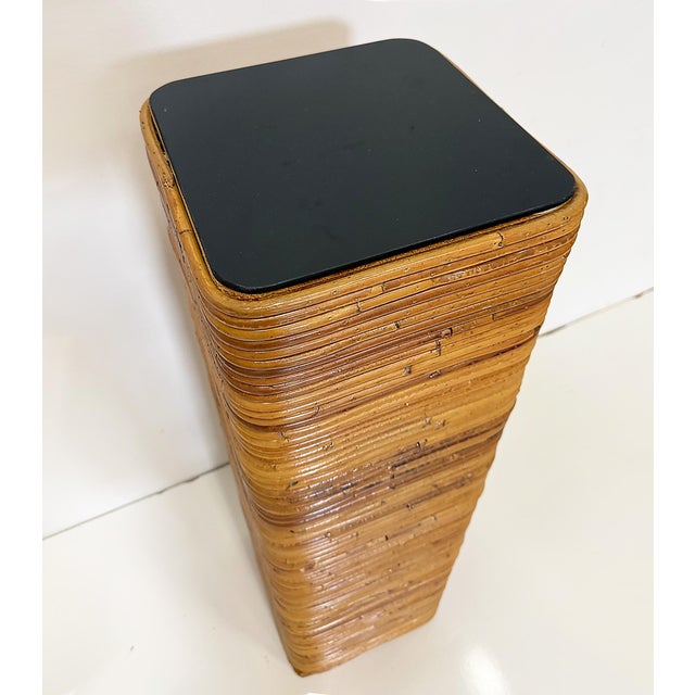 Modern Vintage Pencil Reed Rattan Pedestal With Black Glass For Sale - Image 3 of 6