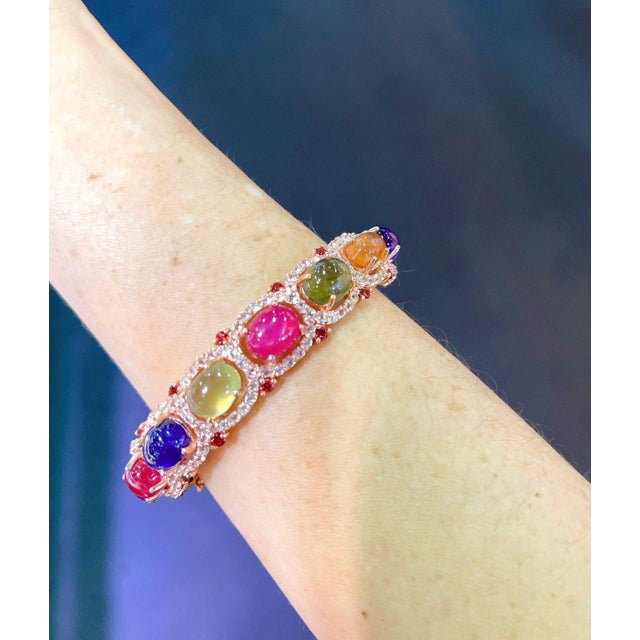 Bochic “Capri” Red Ruby & Multi Color Sapphires Bangle Set In 18K Gold & Silver For Sale - Image 12 of 12