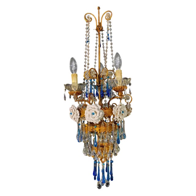 Chandelier with White Roses and Blue Drops, Murano, 1950s For Sale