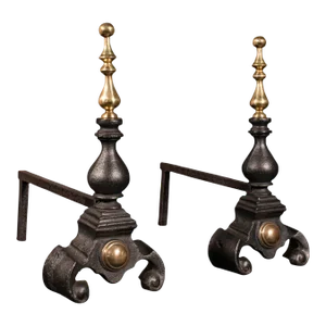 1900s Victorian Pair of Antique Fireside Tool Rests, English, Cast Iron, Brass, Andiron