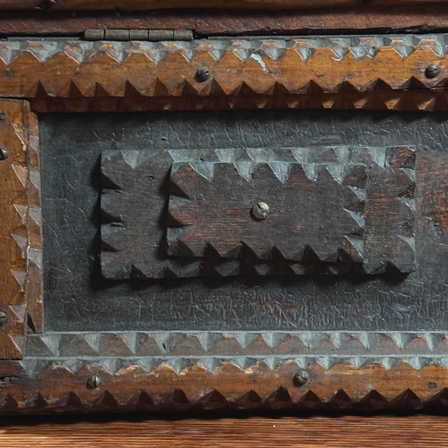 Brown Monumental Antique Tramp Art Chip-Carved Chest With Medallion/Folk Art For Sale - Image 8 of 11