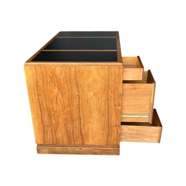 1960s Vintage Campaign-Style Oak Executive Desk With Black Leather Inlay For Sale - Image 5 of 12