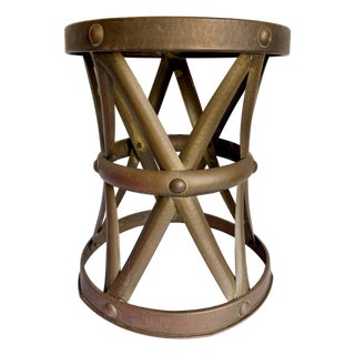Vintage Hammered Brass X-Form Drum Stool With Riveted Details For Sale