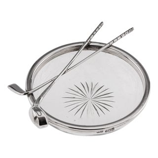 Antique English Silver and Cut Glass Golf Theme Ashtray, 1911 For Sale