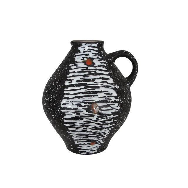 German Ceramic Drip Glaze Brown with White Stripes & Red Dots No. 650-17 Pitcher Vase from Jasba, 1950s For Sale