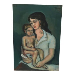 1960s Original Mother Child Oil on Board Painting For Sale
