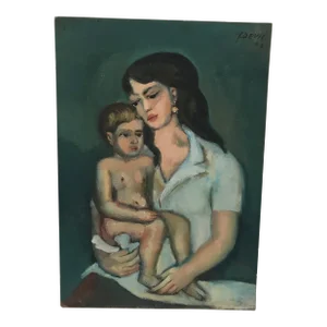 1960s Original Mother Child Oil on Board Painting