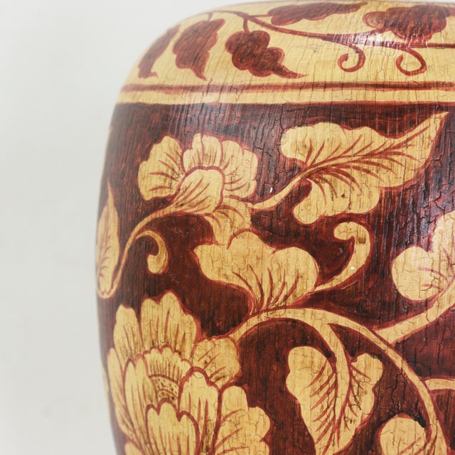 Vintage Hand Painted Brown and Cream Floral Ceramic Table Lamp With Peony Motif and Wood Base For Sale - Image 10 of 13