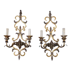 Pair of Italian Patinated Gilt Metal and Composite Leaf Motif Wall Sconces