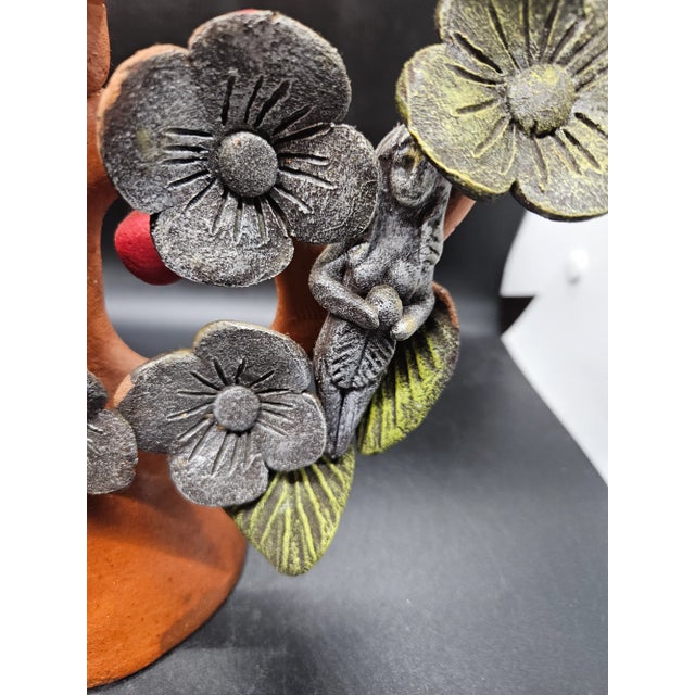 Mexican VTG Large Tree of Life Mexico Mexican Clay Candelabra Candle Holder Flower Bird For Sale - Image 3 of 5