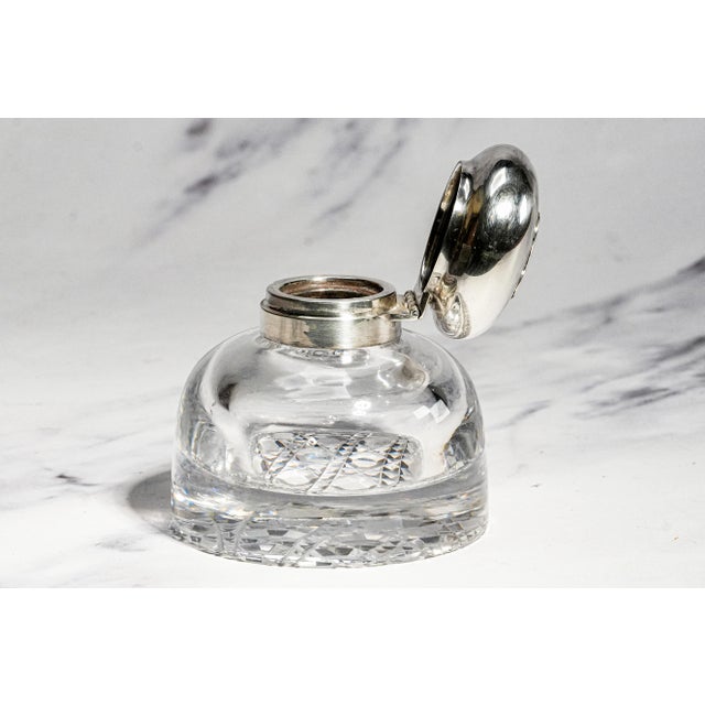 Beautiful Large Antique English Edwardian Sterling Silver Cut Crystal Hobnail Paperweight Desk Inkwell Home Decor For Sale - Image 13 of 16