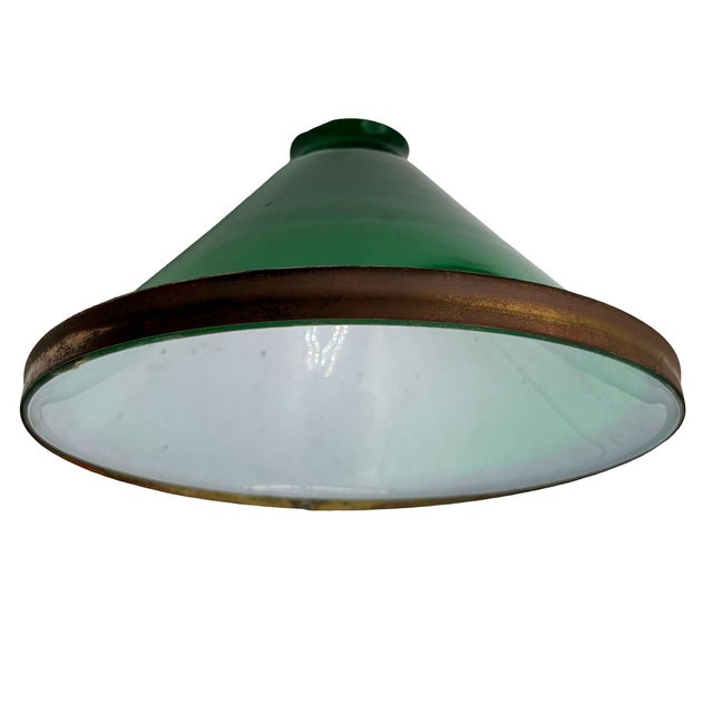 1920s 1920s Deco Banker/Poker Ceiling Light W/ 11" Brass Rim Green Glass Shade, 5 Available For Sale - Image 5 of 13