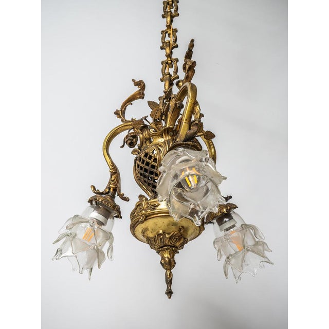 Metal Art Nouveau Bronze Chandelier with Glass Shades, 1898 For Sale - Image 7 of 18