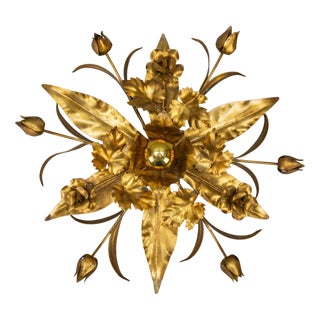 Hollywood Regency Gilt Metal Flower Shaped Flush Mount, 1970s For Sale