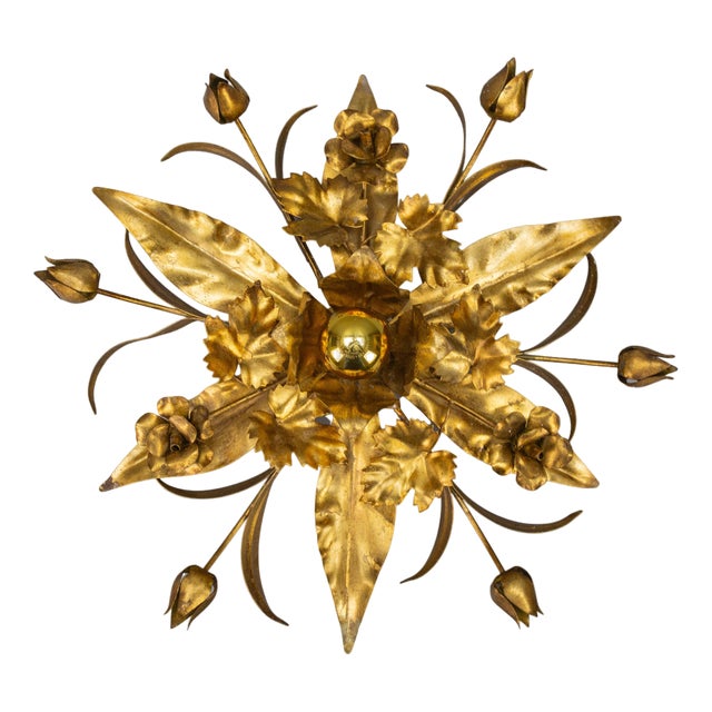 Hollywood Regency Gilt Metal Flower Shaped Flush Mount, 1970s For Sale