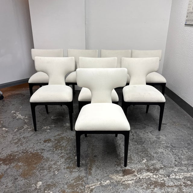 Design Plus Gallery presents a Set of Eight Ligné Upholstered Fabric Dining Side Chairs by Restoration Hardware. Each...