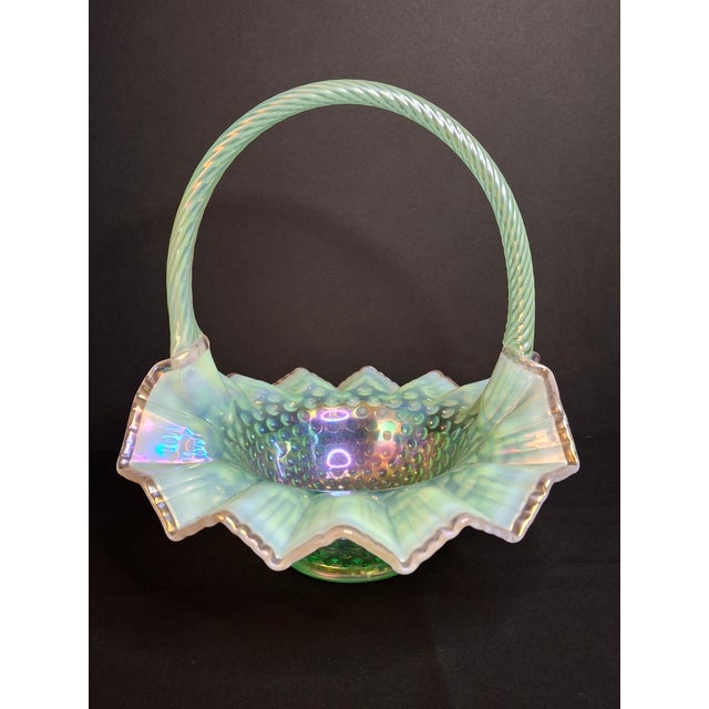 Fenton Art Glass Company Vintage Fenton Green Opalescent Carnival Hobnail Glass Basket Ruffled Iridescent 10" For Sale - Image 4 of 16