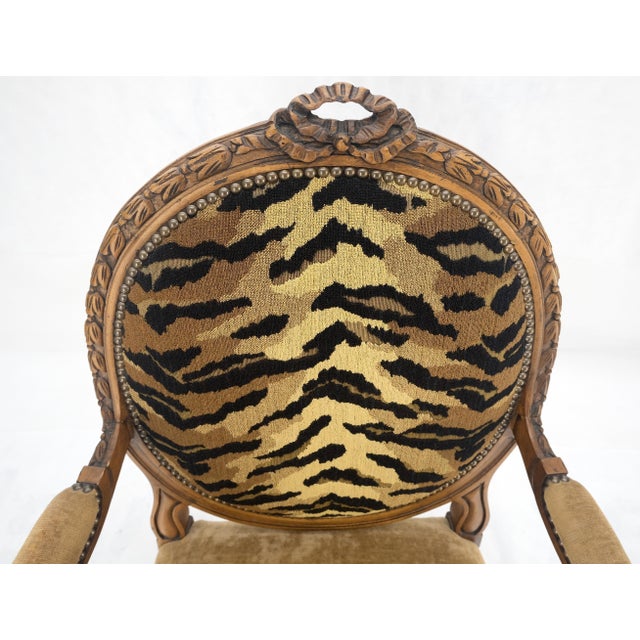 Carved Round Tiger Upholstery Back Camel Mohair Seat French Arm Chair MINT