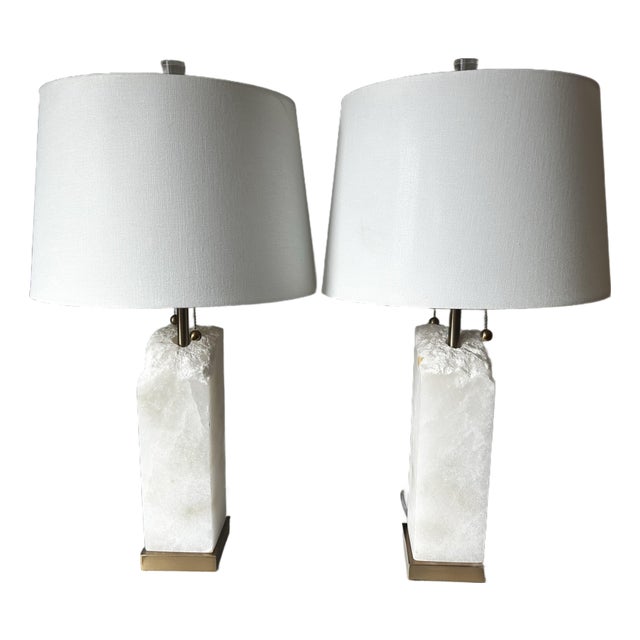Pair of Bethel International Alabaster & Brass Table Lamps - Like New For Sale