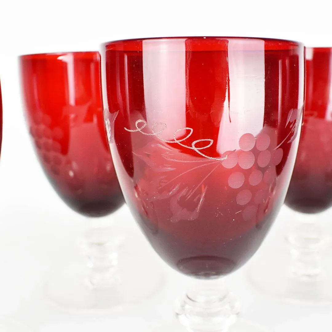 Ruby Red Etched Glass Stemmed Goblet Wine or Water Glasses With Grape  Design | Chairish