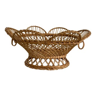 Vintage French Scalloped Top Wicker Pedestal Bowl With Rings For Sale