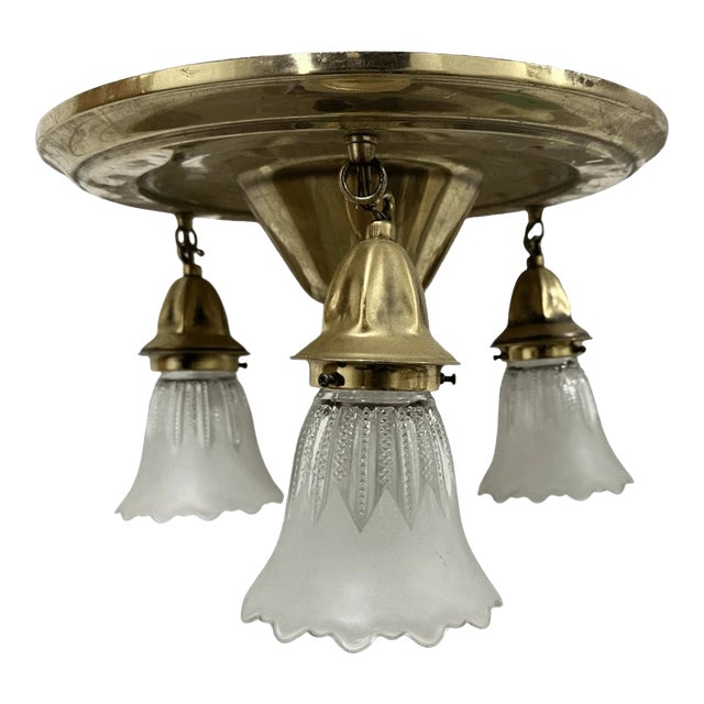 Vintage Victorian Style Solid Brass 3 Light Wired Flush Mount Ceiling Light Fixt For Sale