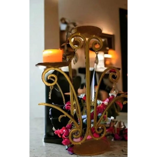 Spanish Revival Style Sculptural Gilded Woodland Antiquity Chandelier Candelabra Prisms Gold Tone Metal Narrow Canopy Soft Elegant Rustic Light For Sale In New York - Image 6 of 9