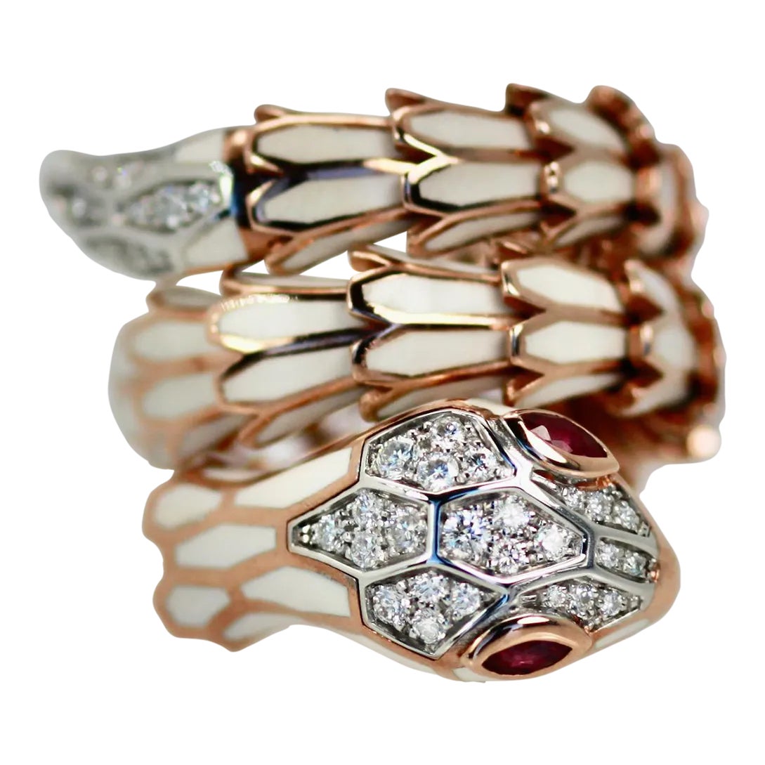 18k White Enamel Snake Expandable Ring Size 6.75 | Chairish