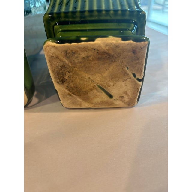 Green Pair of Vintage Green Ribbed Ceramic Cachepots With Pedestal Bases, Art Deco Style For Sale - Image 8 of 12