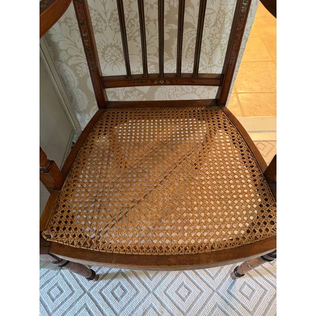 Early 20th Century Edwardian Satinwood Floral Painted Armchair With Cane Seat For Sale - Image 15 of 18