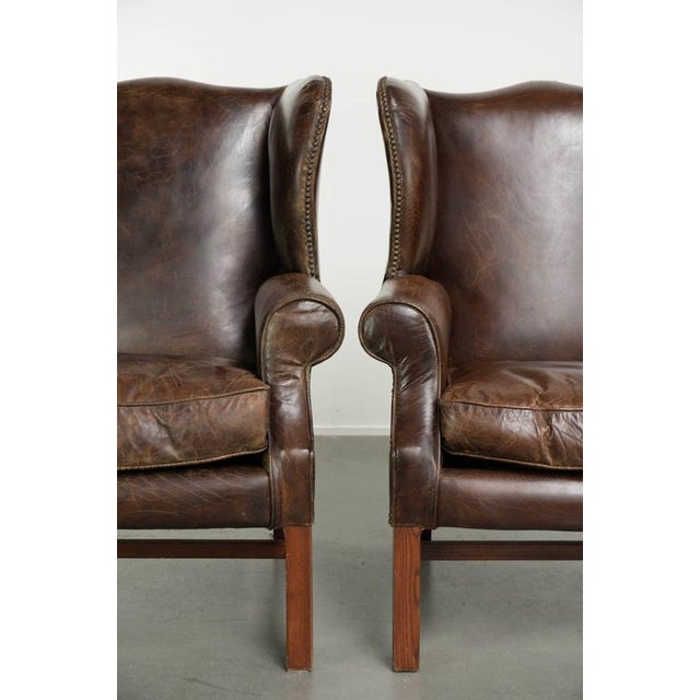 Large English Dark Cognac-colored Cowhide Leather Wing Armchairs, Set of 2 For Sale - Image 10 of 14