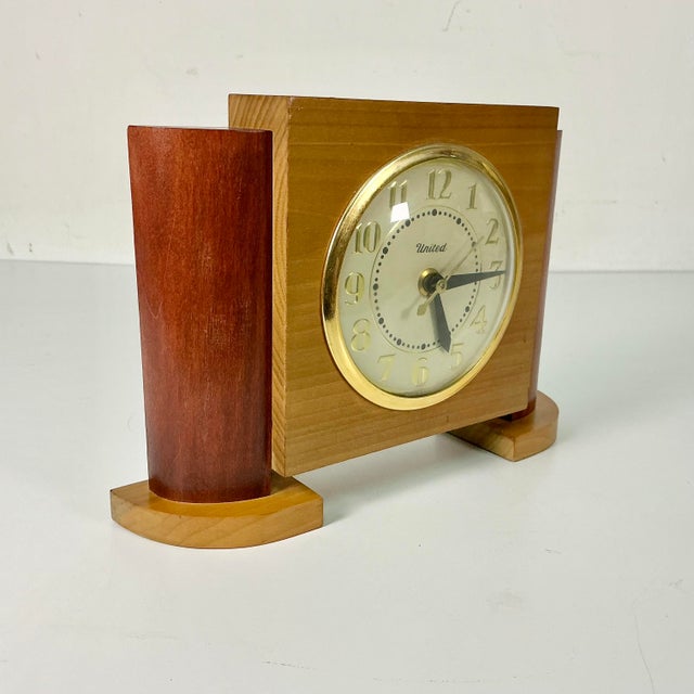 1940s Vintage Art Deco Arts & Crafts Boho Chic Wood Tabletop Clock For Sale - Image 10 of 13