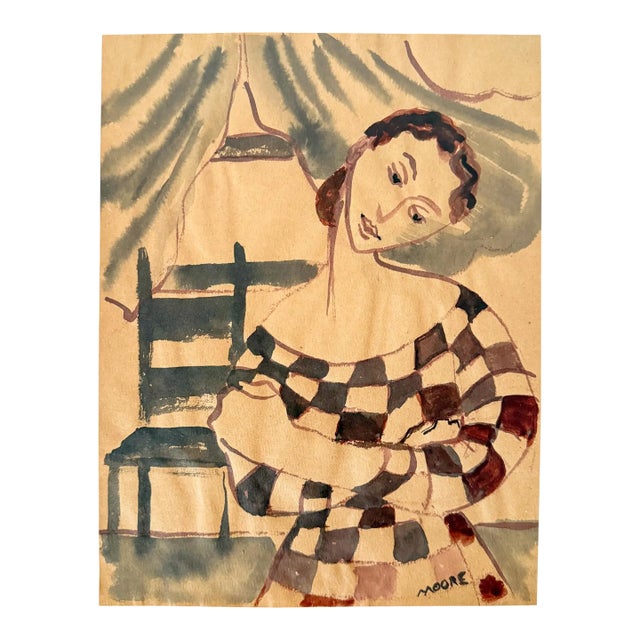 Portrait of a Woman in Checkered Dress, Original Watercolor Sketch Signed Moore For Sale