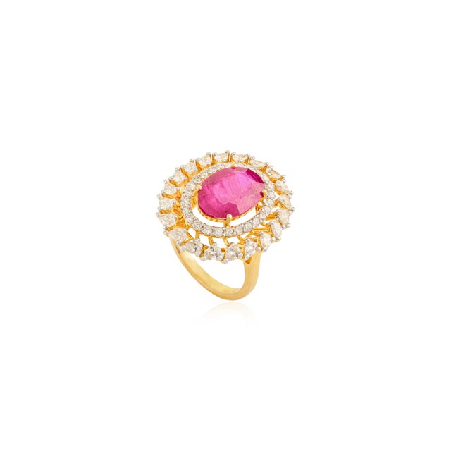 4.69 Ct Ruby Contemporary Cocktail Ring With Halo Diamonds 14k Gold Size 6 For Sale - Image 4 of 15