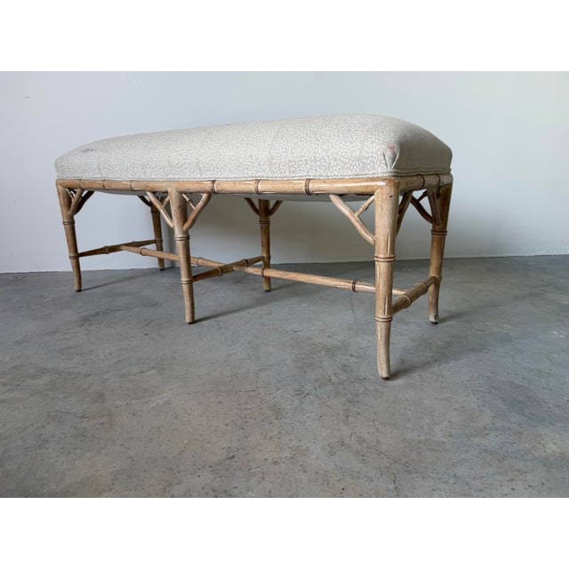 Vintage Hollywood Regency Style Faux Bamboo Carved Upholstered Bench For Sale - Image 9 of 12