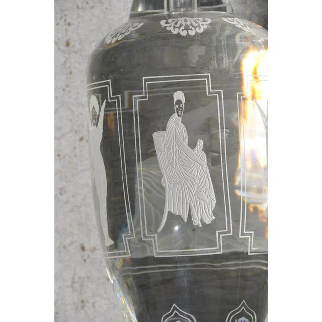 Transparent Pair of Large and Heavy Italian Solid Clear Crystal Candlesticks With Etched Art For Sale - Image 8 of 13