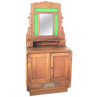 Oak Sideboard, Buffet With Mirror and Original Green Glass For Sale