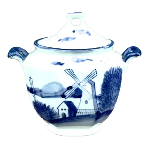 Vintage 1940s Blue & White Ceramic Canister With Small Lid & Handles. Canister Features Blue & White Windmill Motif