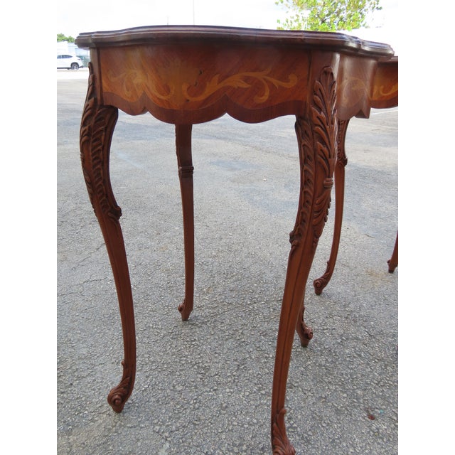Early 1900s French Carved Inlay Round Side End Tables a Pair 6375a For Sale - Image 12 of 14