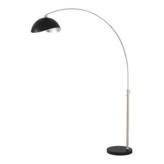1960s Nova of California Luna Bella Floor Lamps - 92" Mid Century Modern Arc Lamp, Satin Nickel, Black Marble Base, Shade For Sale