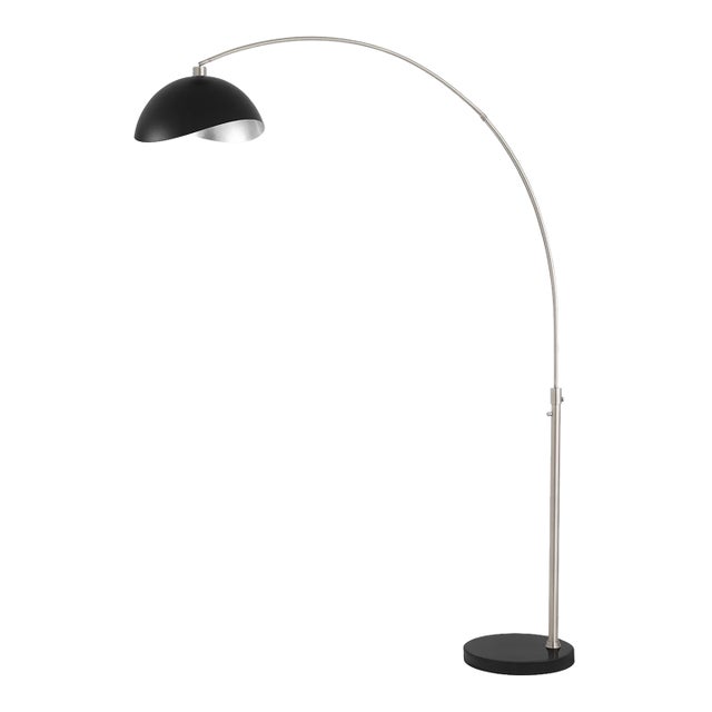 1960s Nova of California Luna Bella Floor Lamps - 92" Mid Century Modern Arc Lamp, Satin Nickel, Black Marble Base, Shade For Sale