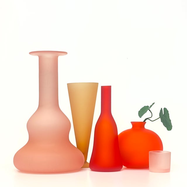 Mixed warm-hued frosted vessels, group of 5. A striking group of curvy, rounded vintage frosted glass vessels in warm...