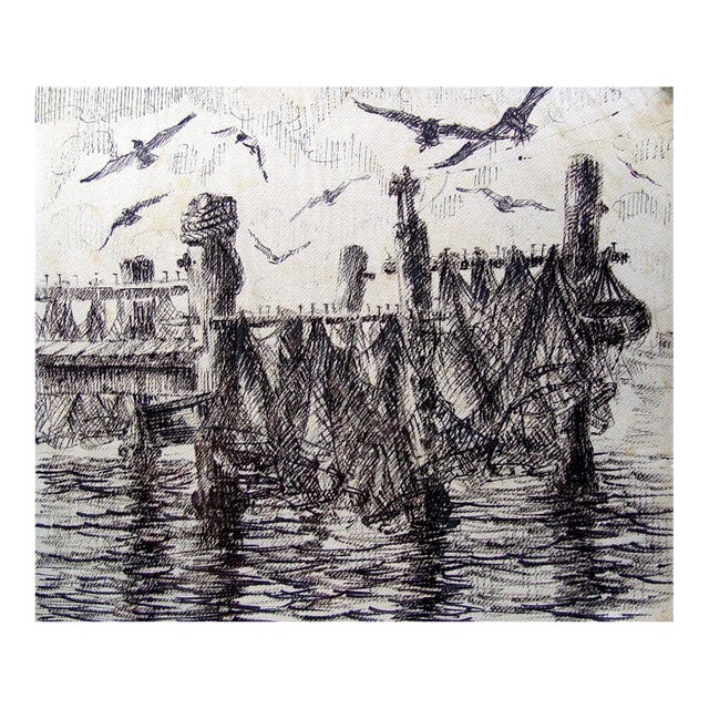 Mid 20th Century Harbor Scene With Drying Nets Pen & Ink Drawing For Sale